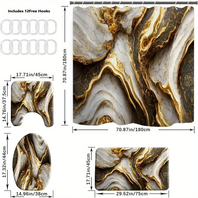 1/4pcs Golden Marble Pattern Shower Set, Waterproof Bath Curtain With Hooks, U- , Toilet Cover Mat, L-shaped Ma