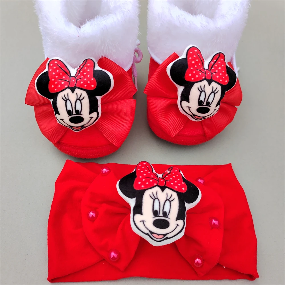 [0-9M Newborns Boots ] Minnie Mouse Winter Plush Thick Boot for Girl Red Matching Dolls Set Princess Dress Up Photography Props