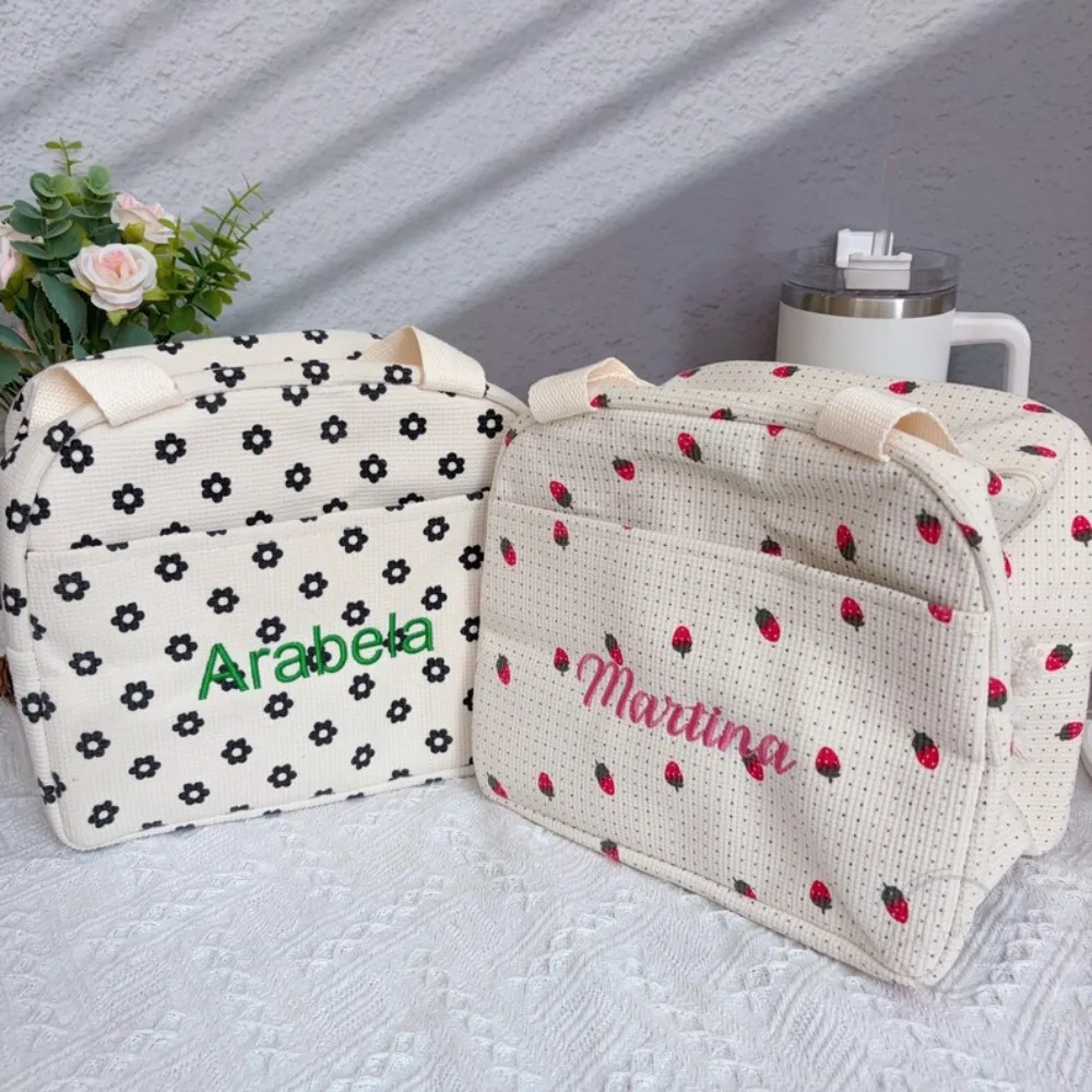 Personalized Lunch Bag, Embroidered Name Corduroy Lunchbox, Strawberry Check Flower Food Insulated Carry Bag, for Student/Women