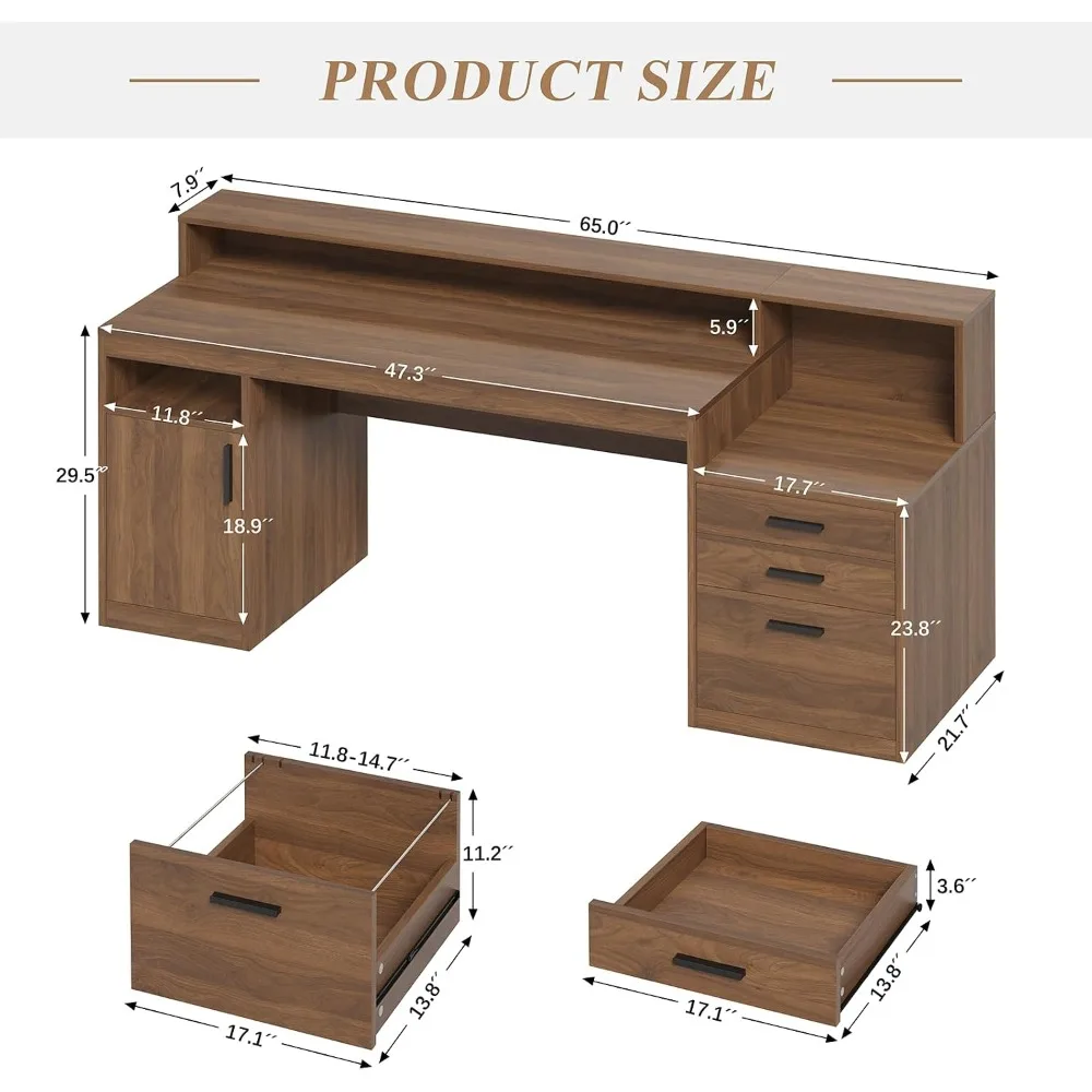 65 Inch Computer Desk with 3 Drawers and Printer Shelf for Home Office