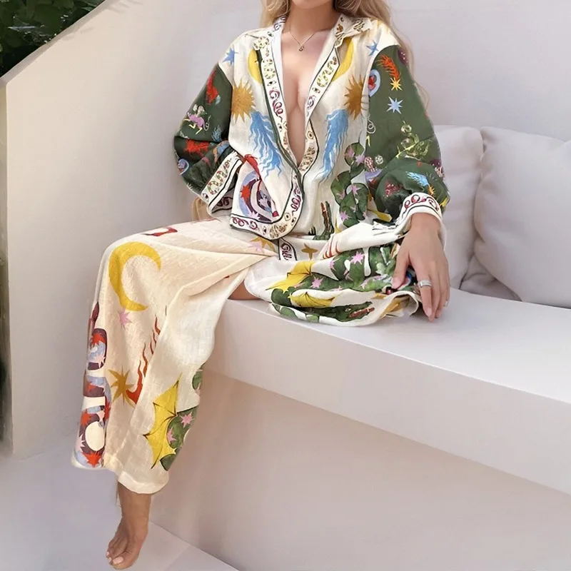 

2025 женская повседневная рубашка с граффити, женский индивидуальный воротник с длинным рукавом, модный комплект с принтом, женский комплект из двух предметов