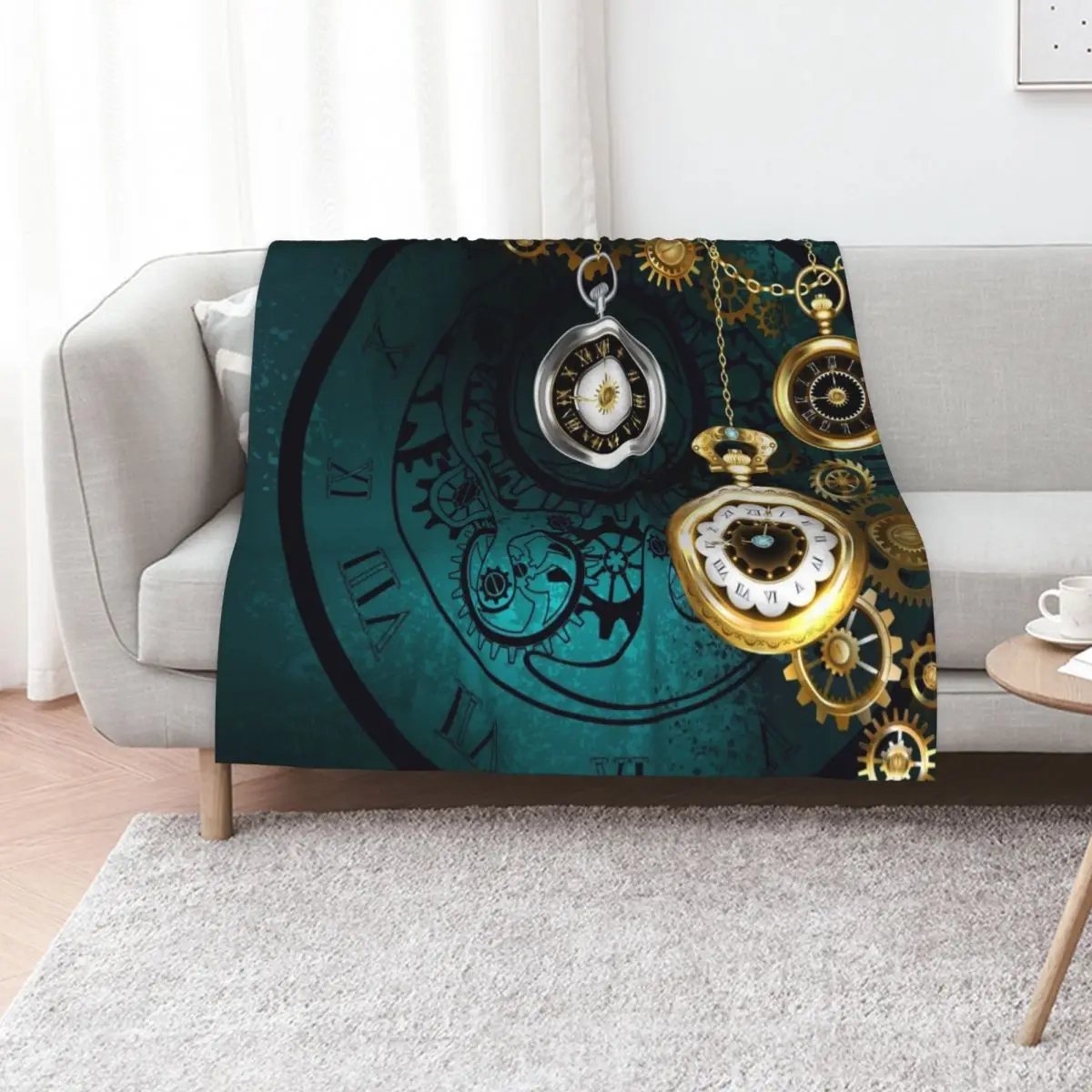 Clock with Gears on Green Background ( Steampunk ) Throw Blanket for winter Warm Hairys Summer Beddings Beach Blankets