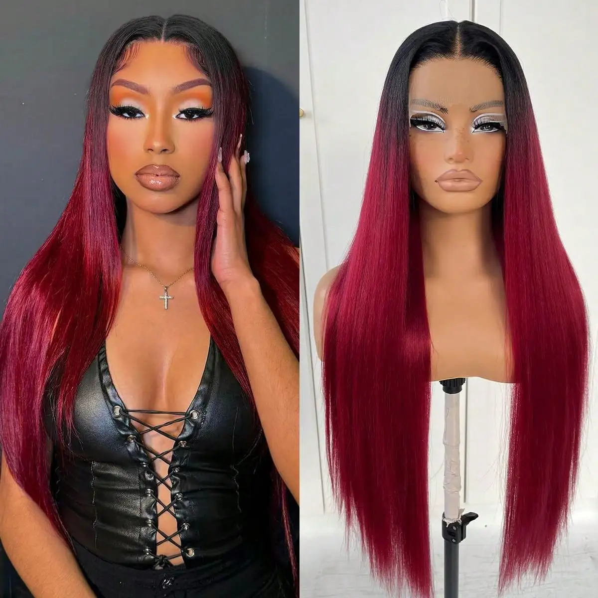 

Ombre Burgundy with Dark Roots Silky Straight Synthetic Lace Front Wig Heat Resistant 13x4 HD Synthetic Wigs for Women Daily