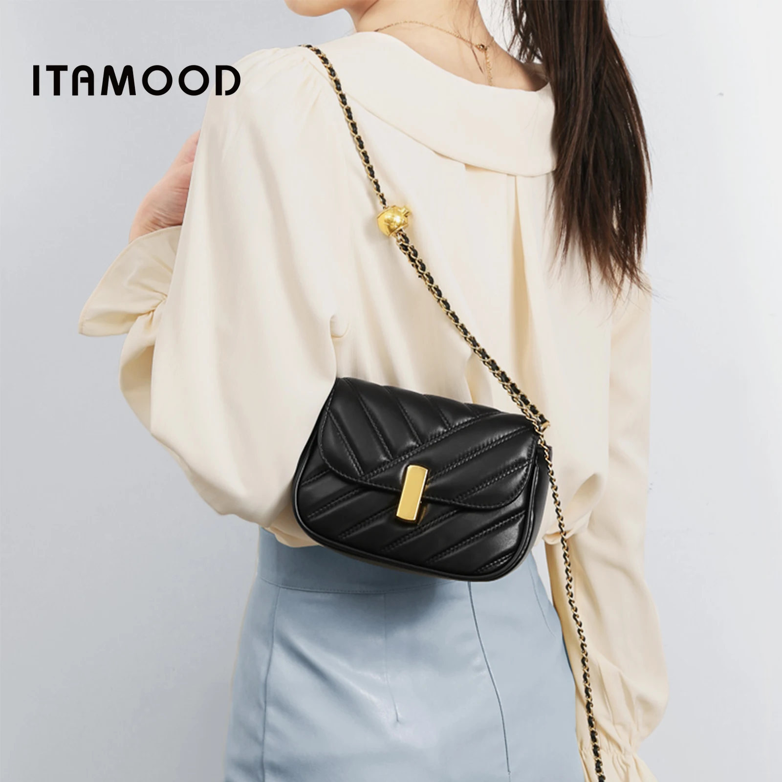 

ITAMOOD Luxury Shoulder Bag for Women Quilted Ladies Sheepskin Chain Small Gold Ball Adjustable Strap Square Handbag Designer
