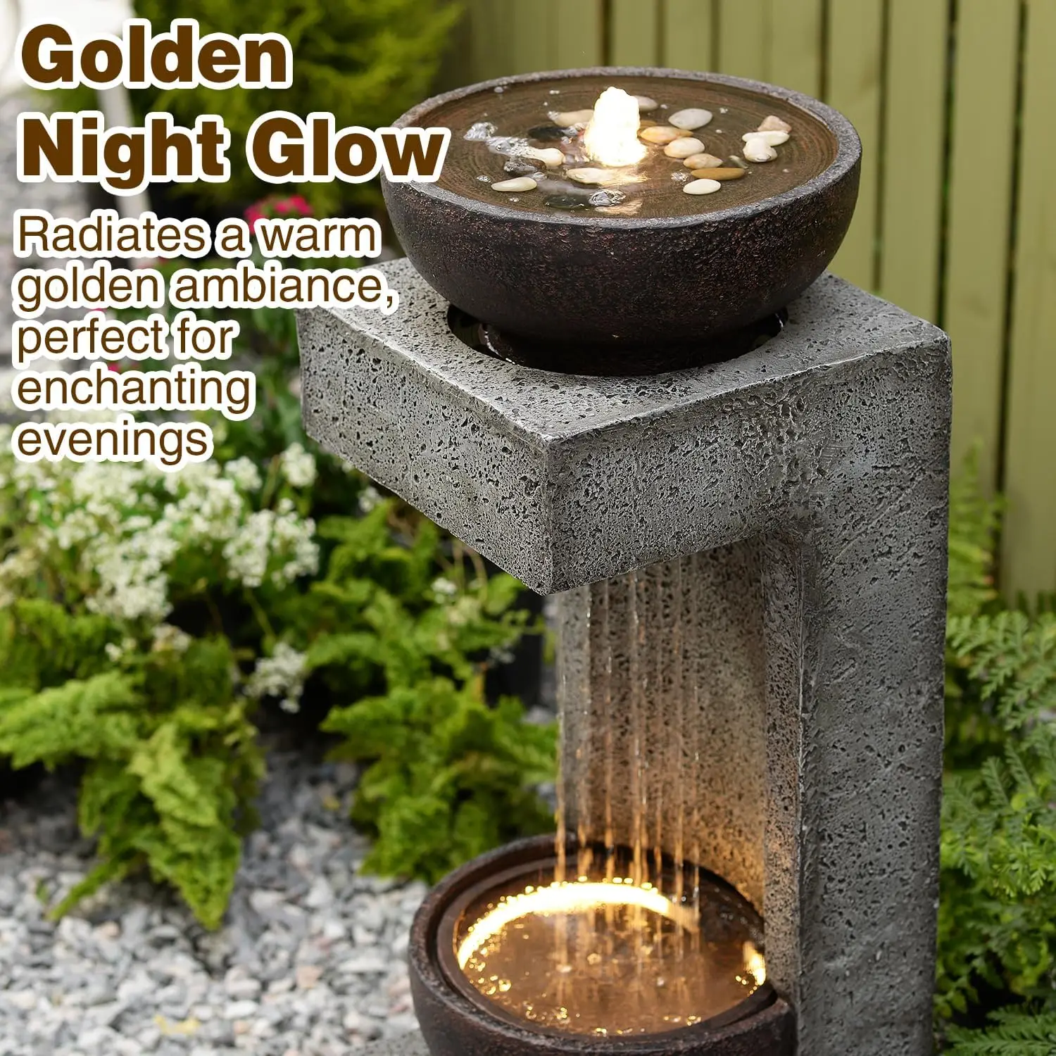 33.9 Inch Waterfall Fountain Outdoor Led Lights Modern Rain Curtain Resin Garden Bowl Water Feature Patio Porch Backyard Lawn Ho