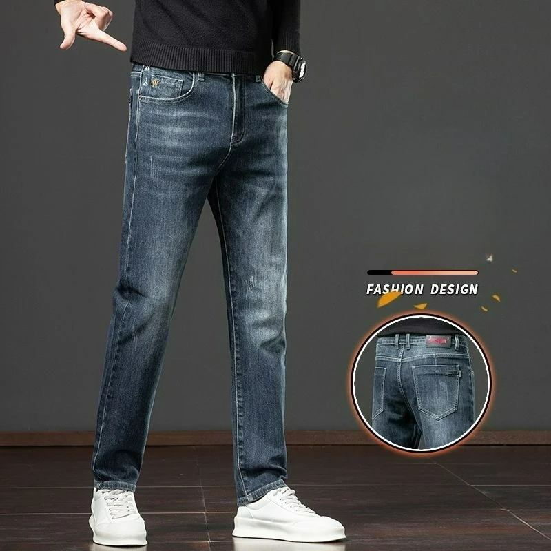 الرجال مستقيم فضفاض صالح جينز سترتش 2025 الخريف الشتاء النمط الكلاسيكي الأعمال عادية الشباب سميكة الدينيم الجينز تنوعا