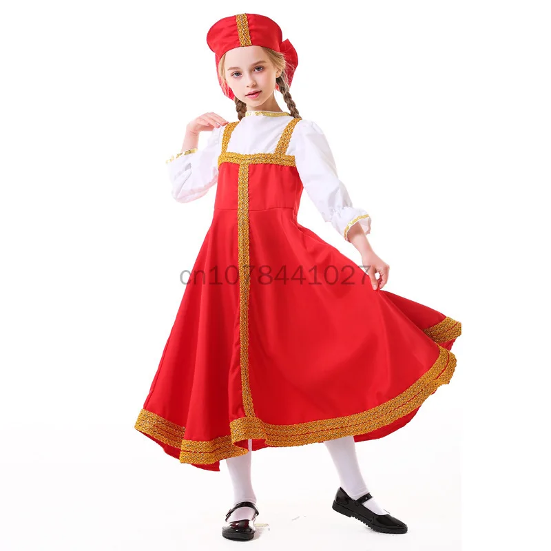 Christmas Children Cosplay Russian Dance Girl Costume Red Sarafan Folk Fancy Dress Up Party Kids National Traditional Clothing