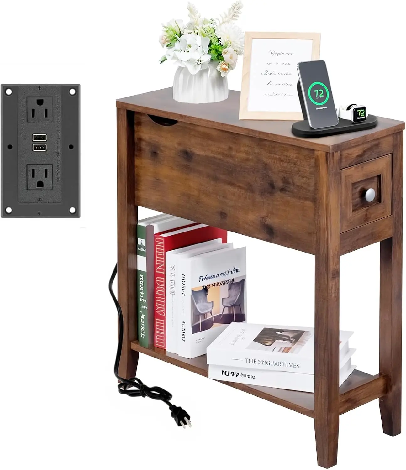 

Chairside Table with Charger,Cherry End Table with Movable Top and Charging Station, Narrow Side Table with Storage Cabinet and