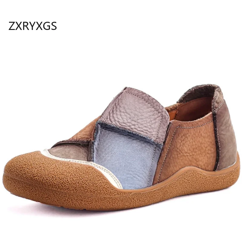 ZXRYXGS 2026 New Top Cowhide Splicing Spell Colors Real Leather Women's Vulcanized Shoes Fashion Casual Sneakers Flat Shoes Tide