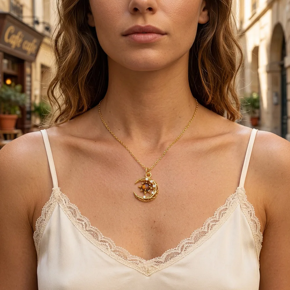 Chinese Style Auspicious Good Fortune Lucky Sun Moon Star Pendant Necklace For Women Gold Plated Inlaid Shiny Zircon Delicate