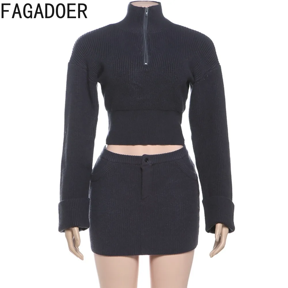 FAGADOER Fashion Knitted Zipper Patchwork Long Sleeve Crop Sweater Tops and Basic Mini Skirt Women Two Piece Set Winter 2025 New