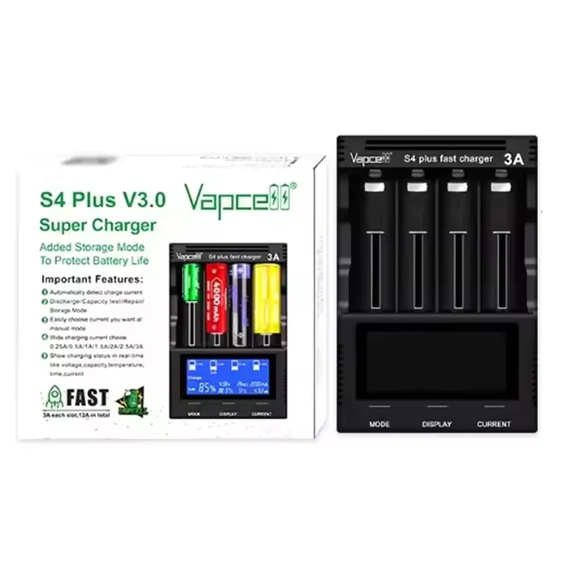 정품 Vapcell S4 Plus 고속 충전기, 전원 어댑터 없는 스마트 충전기, 리튬 이온 배터리용 새로운 저장 모드, 3A 4 슬롯, V3.0