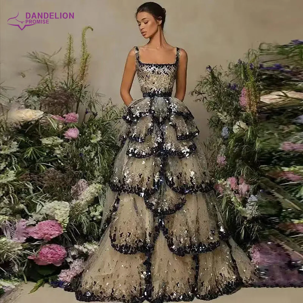 Luxury Evening Dresses 2024 Prom Gown Sparkly Sequin Tiered Ruffles Elegant Women Black Long Wedding Party Formal Gowns