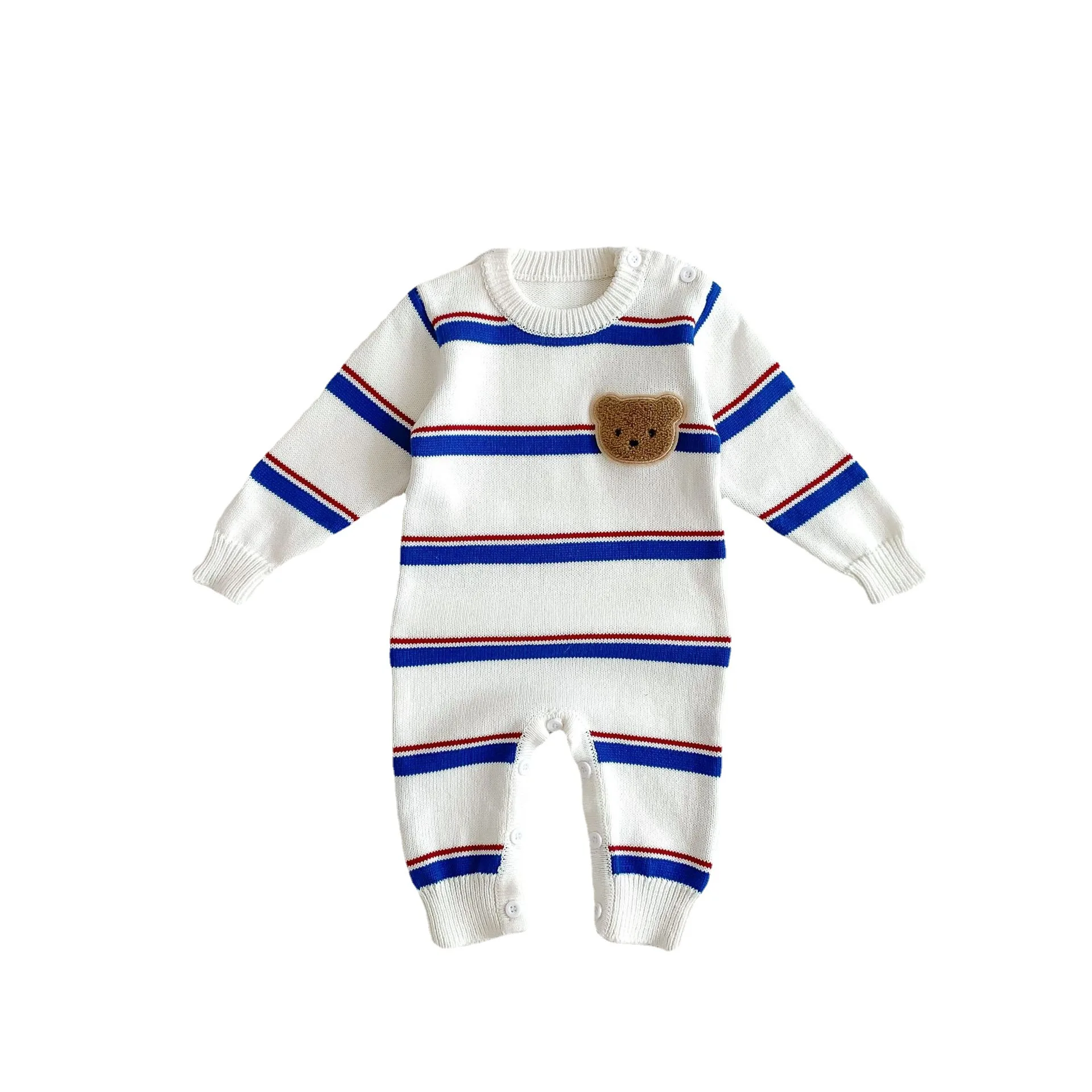 2024 Ins Korean Spring Autumn Infant Boys Bodysuit Long Sleeve Knitted Sweater Striped Romper Simple Pullover Baby Boys Jumpsuit