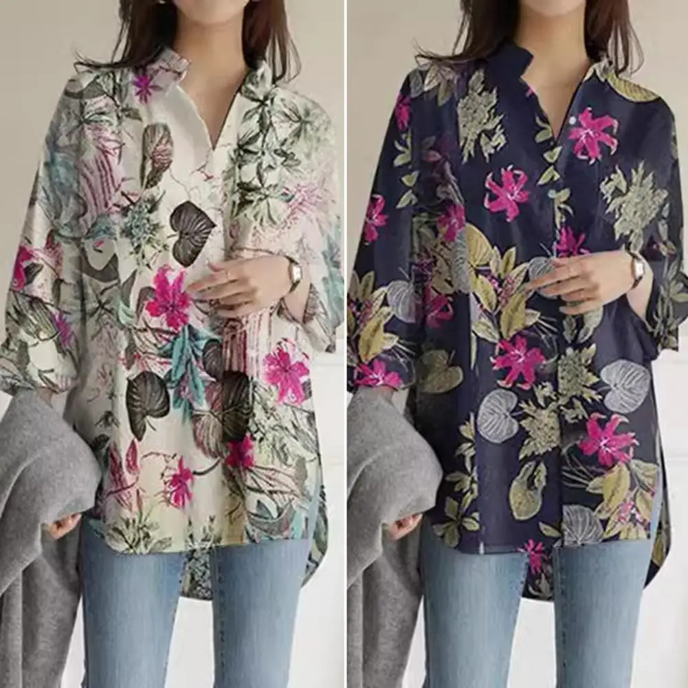 Blusa transpirable de verano para mujer, camisa holgada con estampado de flores, solapa de manga larga, Top de botonadura única con estilo