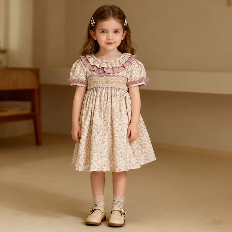 ‌2025 Korean Style Baby Girls Summer Dresses Floral Print Toddler Infant Romper Lace Princess Matching Sister Matching Outfits