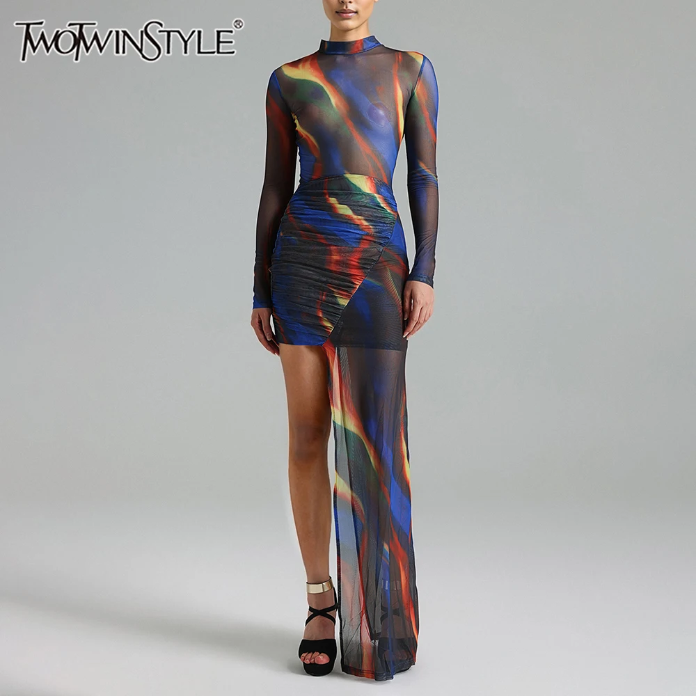 

TWOTWINSTYLE Hit Color Slimming Dresses For Women Stand Collar Long Sleeve Patchwork Folds Irregular Sexy Dress Female Clothing