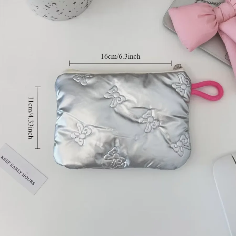 Silver Bow Pattern Coin Purse Women's Earphone Coins Keys Wallet Organizer Zipper Pouch Cosmetic Bag