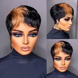 WIGERA Highlight Synthetic Short Straight Pixie Cut Hair Bob Wig Ombre Honey Light Bronw Mix Black Layered Hair Wigs For Woman
