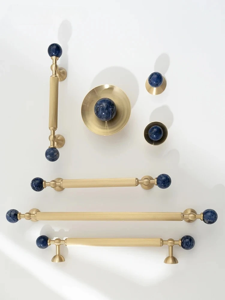 Natural Stone + Brass Cabinet Pulls European Style Blue  Ball Knobs Kitchen Cupboard Wardrobe Drawer Handles Furniture Hardware