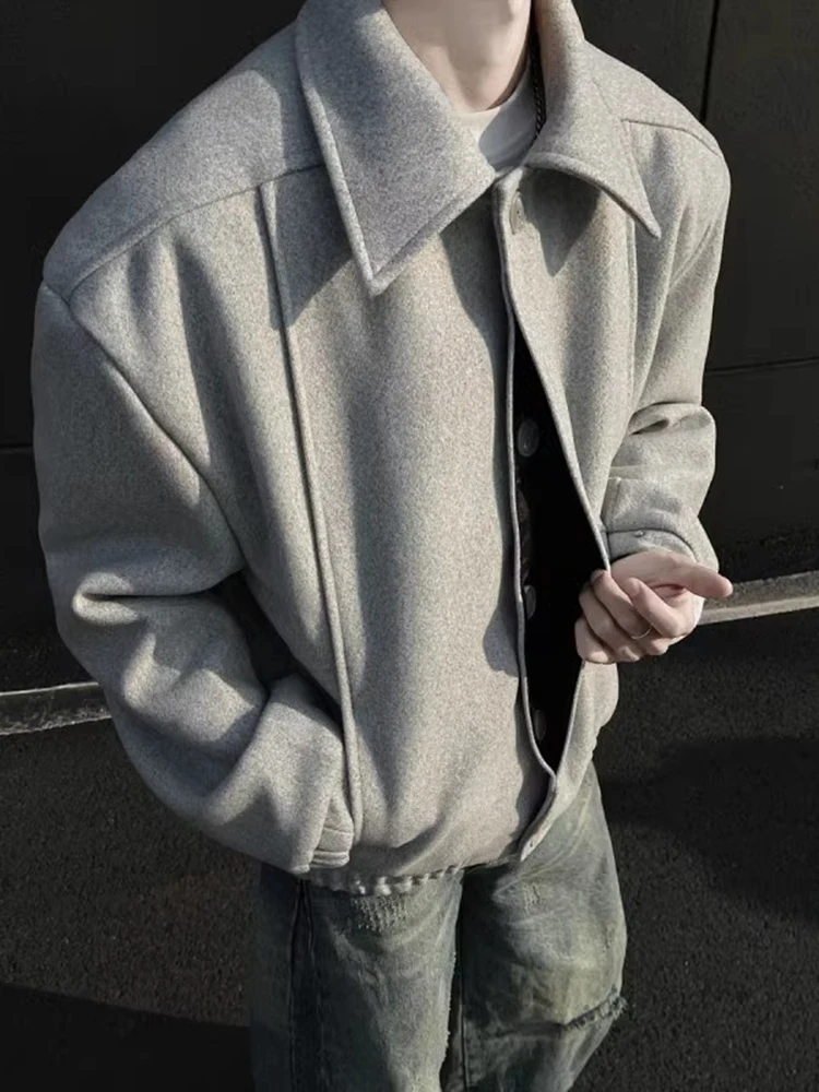 Cleanfit Grey Woolen Cotton Jacket Men's Winter Thickened Short Quilted American Retro Cotton Coat Warm Casual Long Sleeve
