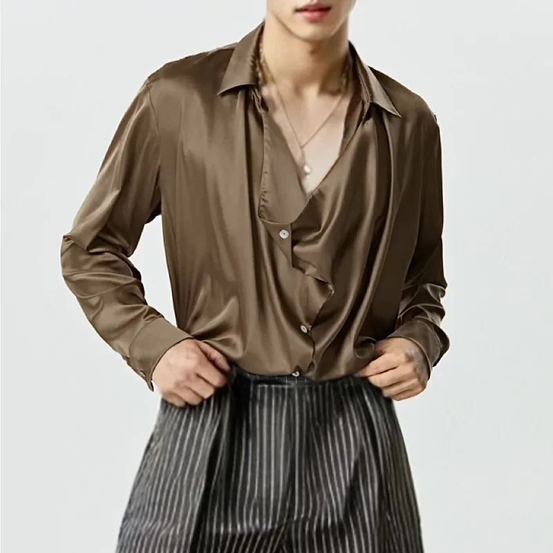 

Men Club Top Style Satin Party Shirt for Men with Baggy Front Design Lapel Collar Loose Fit Long Sleeve Club Top for Wear Swing