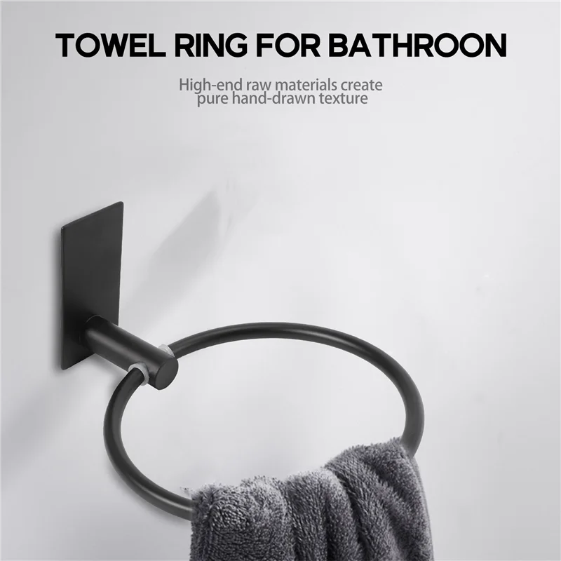 Y51A-Towel Ring/Hand Towel Holder - Self Adhesive Round Towel Rack Black Hand Towel Bar For Bathroom, Stainless Steel