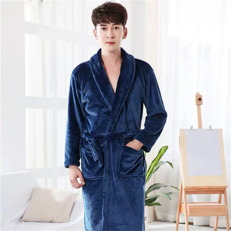 Winter Super Thicken Double-side Flannel Plus Plush Warm Bathrobe Man Casual Loose Solid V Neck Sleepwear Comfort Shower Robe