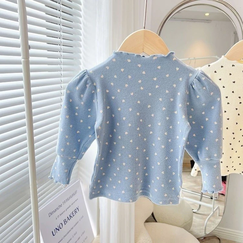 

Korean Children's Baby Half High Neck Bubble Sleeve Long Sleeved T-shirt for Girls' Spring Autumn Base Top Kids Clothes