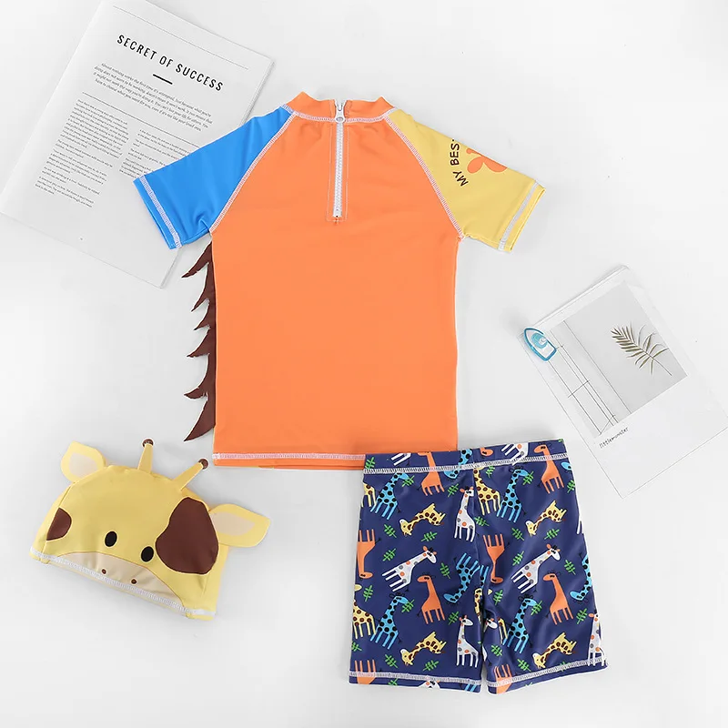 Cartoon Giraffe Style Swimsuit for Boys Baby Kids 0-7Y 2-Pieces Short Bathing Suit Rash Guards Swimwear Set With Cap UPF 50+