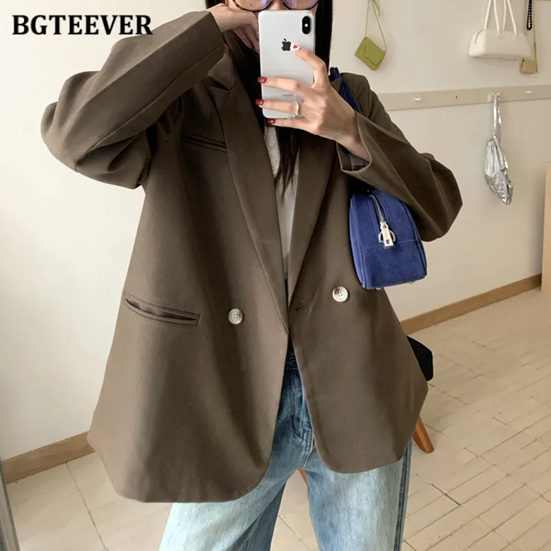 

BGTEEVER Spring Loose Notched Collar Women Suits Jackets Long Sleeve Pockets Double Breasted Female Blazer Coats