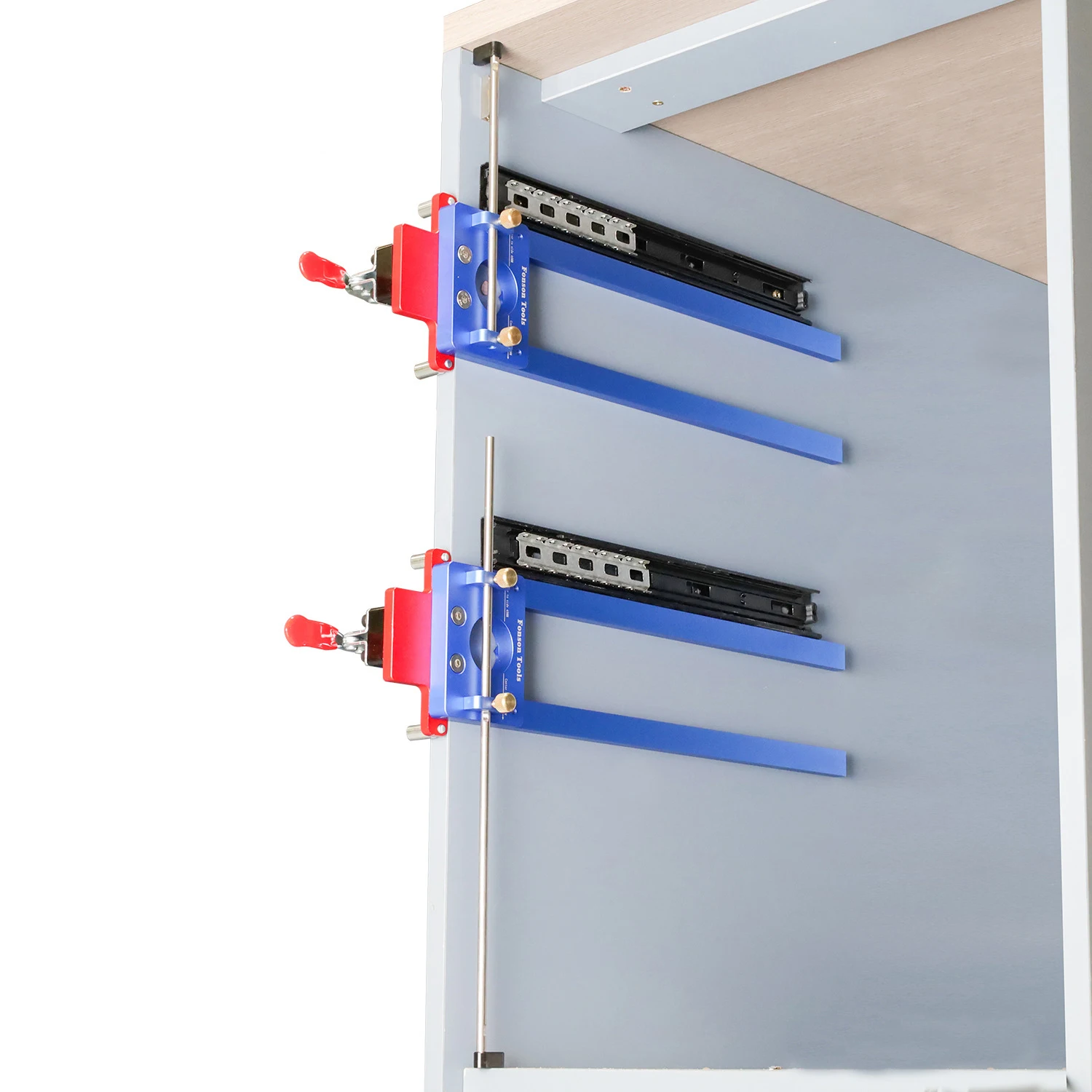 Adjustable Woodworking Cabinet Hidden Rail Drilling Locator with Extension Rod Punching Installation Jig for Drawer Slide Rail