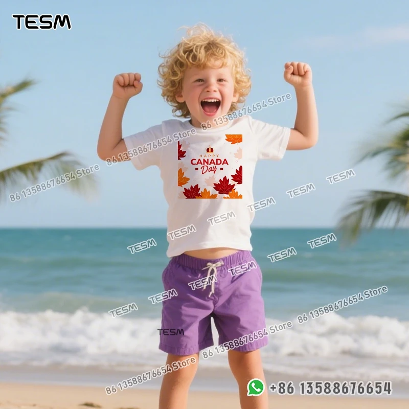 TESM Autumn Maple Leaf Print Men Cotton T-shirt Casual Loose Short-sleeve Party Parent-child Outfit Mom Dad Family Vacation Top
