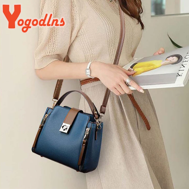 Yogodlns Luxury Splicing Handbag For Women PU Leather Bucket Shuolder Bag Fashion Handle Bag Brand Shopping Mommy Crossbody  Bag