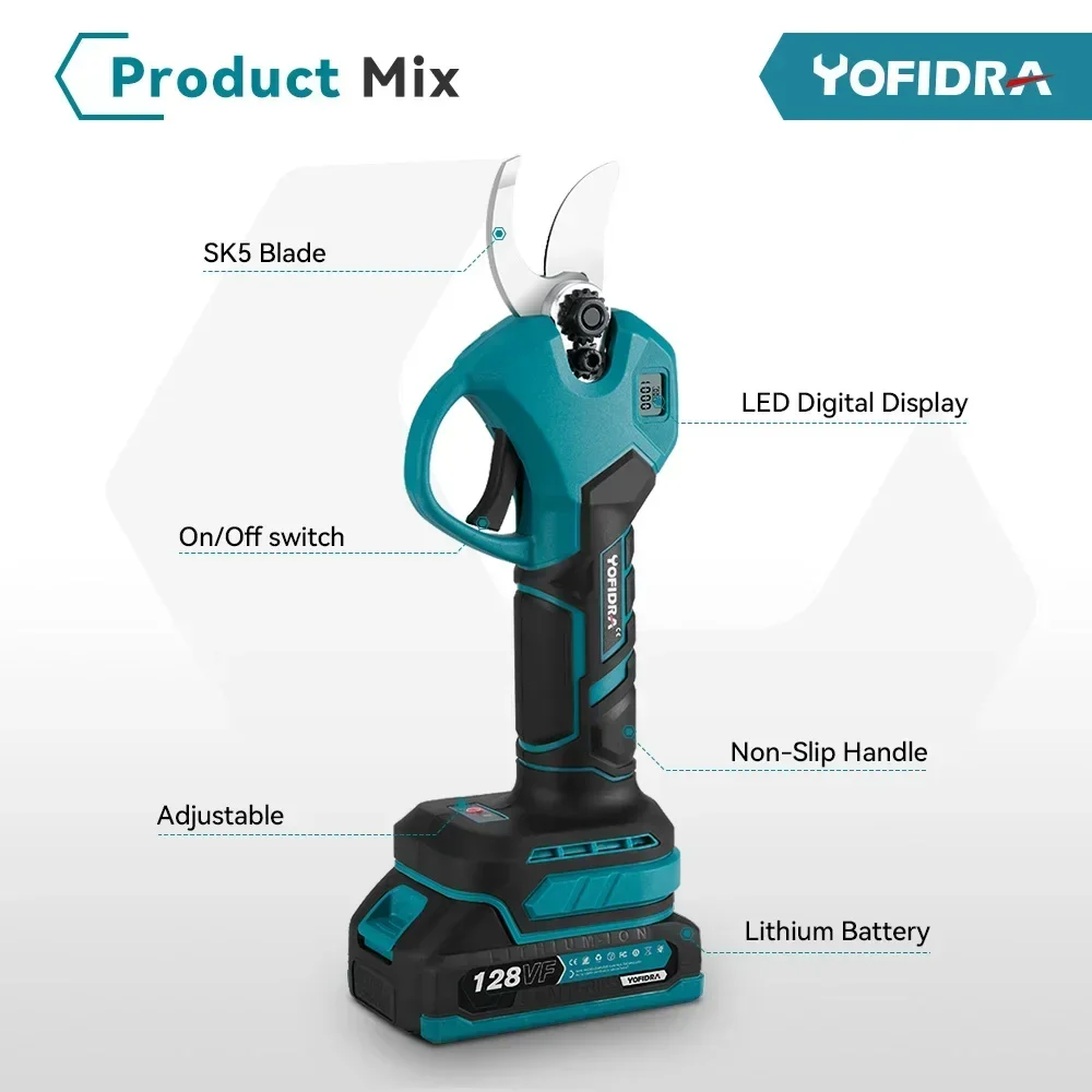 Yofidra-tija de podar eléctrica sin escobillas, cortador de ramas eléctrico inalámbrico, herramienta de jardín para paisajismo, batería Makita de