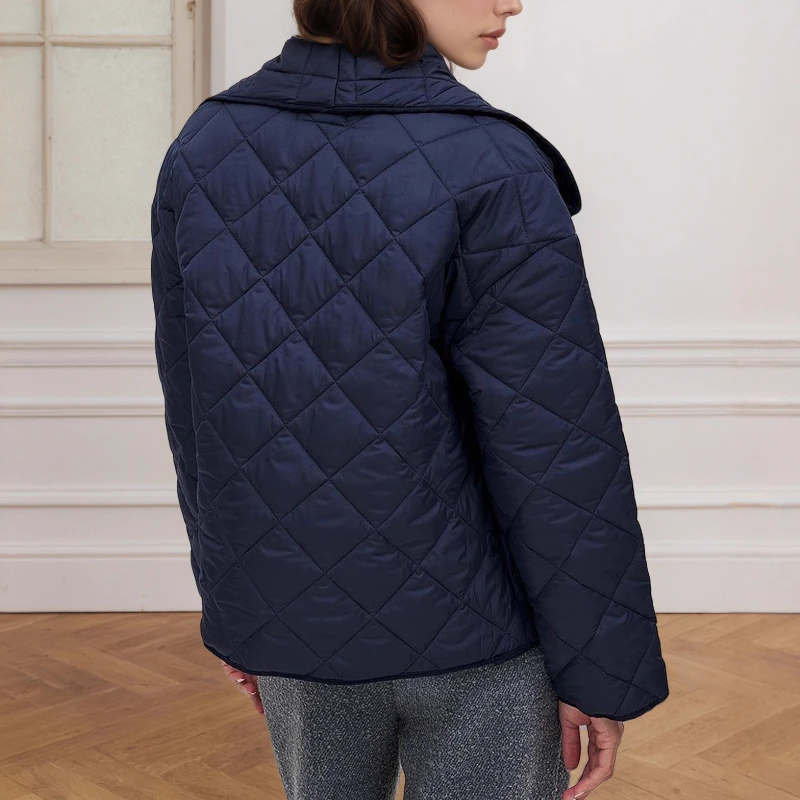

Fashion Lapel Sapphire Blues with Rhombic Quilting Short Loose Cotton Coat Jacket Women's Clothes