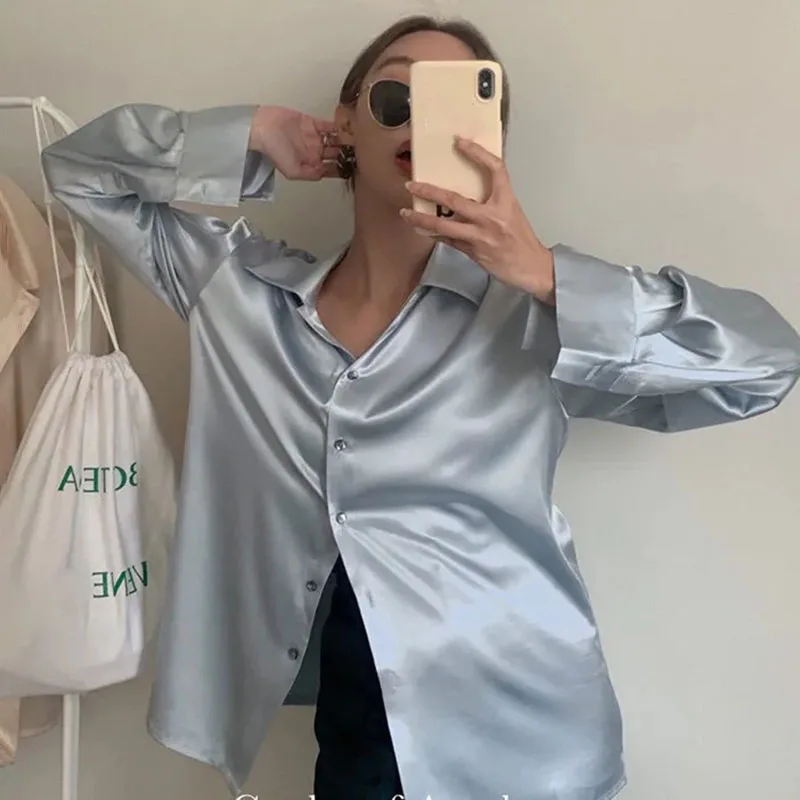 Xpabb High Quality Satin Shirt Women Elegant Long Sleeve Button Office Lady Shirts Autumn New Casual Loose Acetate Blouse 2024