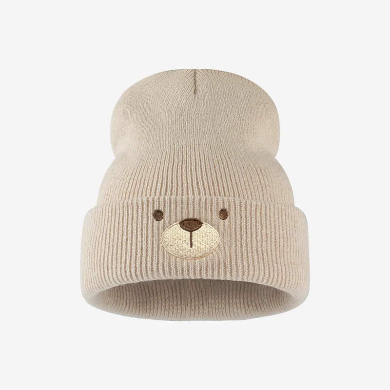 Fashion Lovely Toddler 1‑3Y Cuffed Knit Beanie Cute Bear Face Embroidery Cozy for Park Trip Daily Outing Playdate Holiday Gift view 3