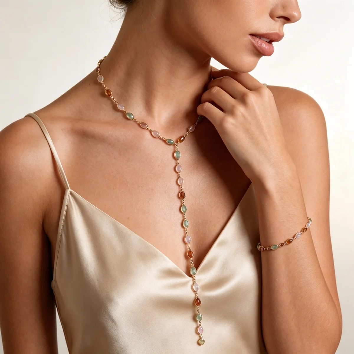Buntes ovales Harz-Splice-Y-Drop-Halsketten- und Fingerarmband-Set für Frauen, eleganter Vintage-Geometrischer Langer Quasten-Choker-Schmuck – Detail 17