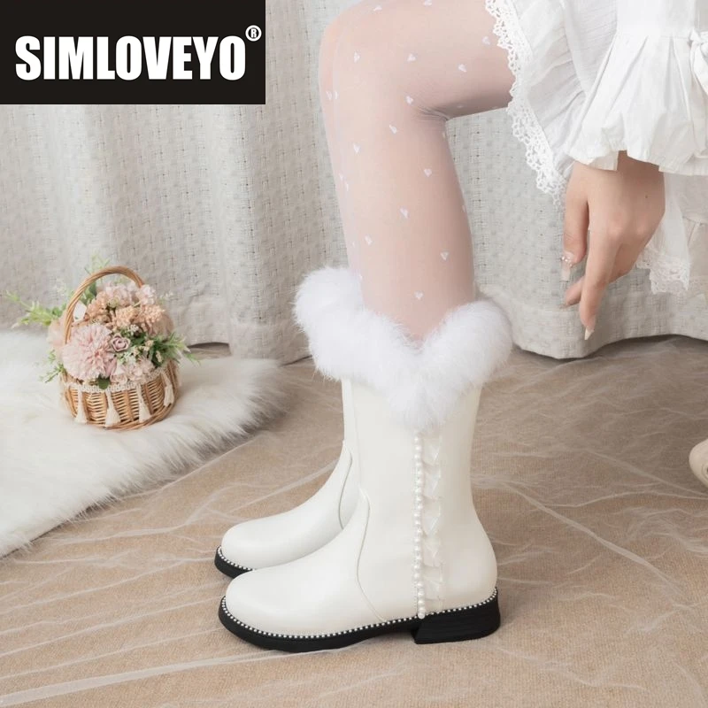 

SIMLOVEYO Sweet Женские сапоги до середины икры с круглым носком на толстом каблуке 2,5 см на молнии с жемчугом Маленький размер 31 32 33 Хутро кролика Теплая зима Белый Розовый