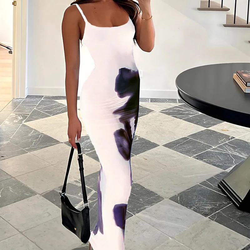 Women Fashion Maxi Dress For Summer New Print Sleeveless Backless Sexy Straight Dresses Casual Streetwear Club Elegant Partywear