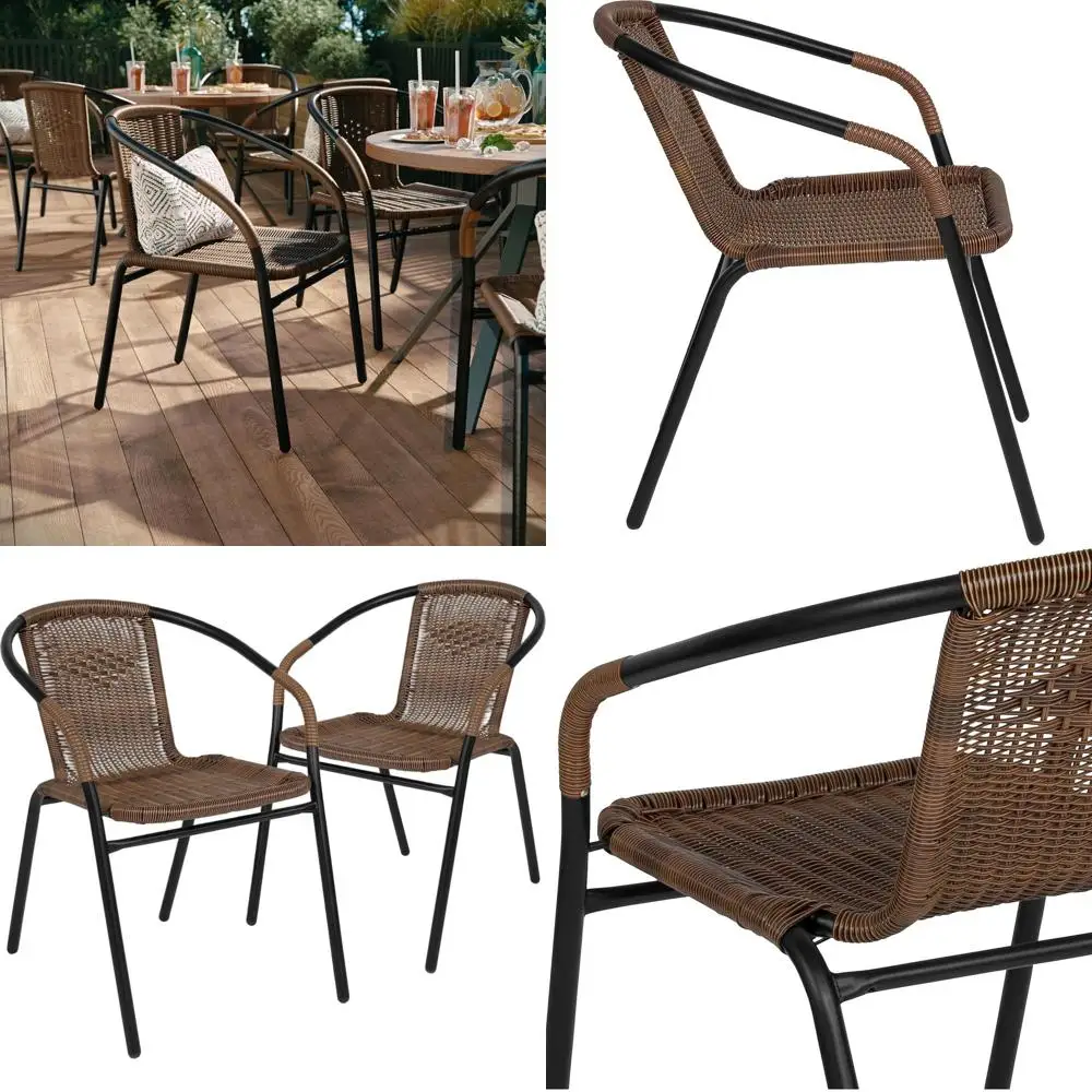 

Brown Stackable Rattan Chairs, Modern Outdoor/Indoor Dining Set of 2 for Patio or Restaurant