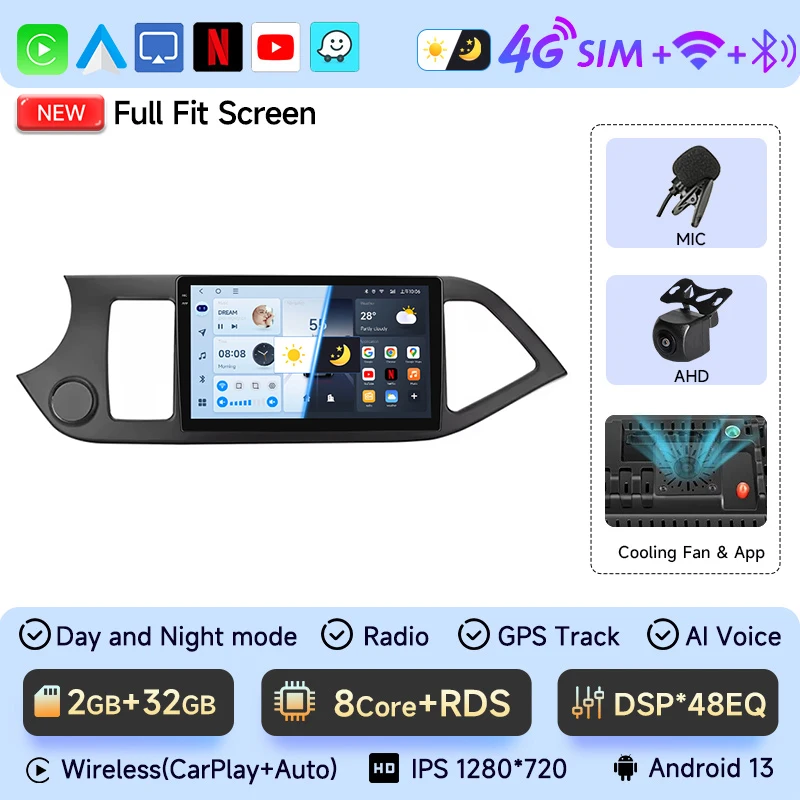 JIUYIN Android 15 Carplay Autoradio Multimidia Video Speler Voor KIA PICANTO Ochtend 2011-2016 Navigatie GPS IPS Head Unit