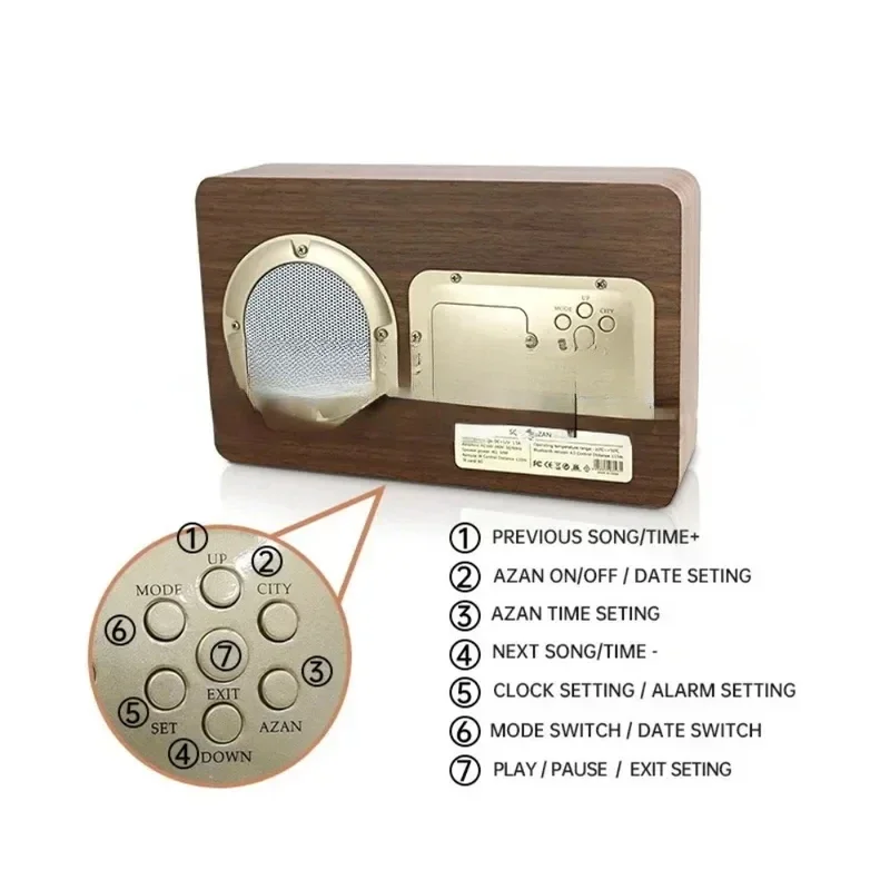 Muslim Islamic Al- Learning Player Quran Speaker Equantu Azan Alarm Wooden Clock