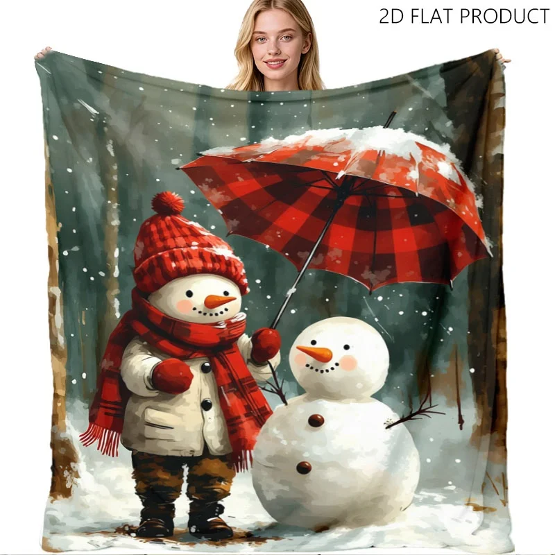 1pc Winter Snowman Print Throw Blanket, Cute Snow Forest Scene with Falling Snow, Multi Sizes, Warm Cozy Blanket for Sofa