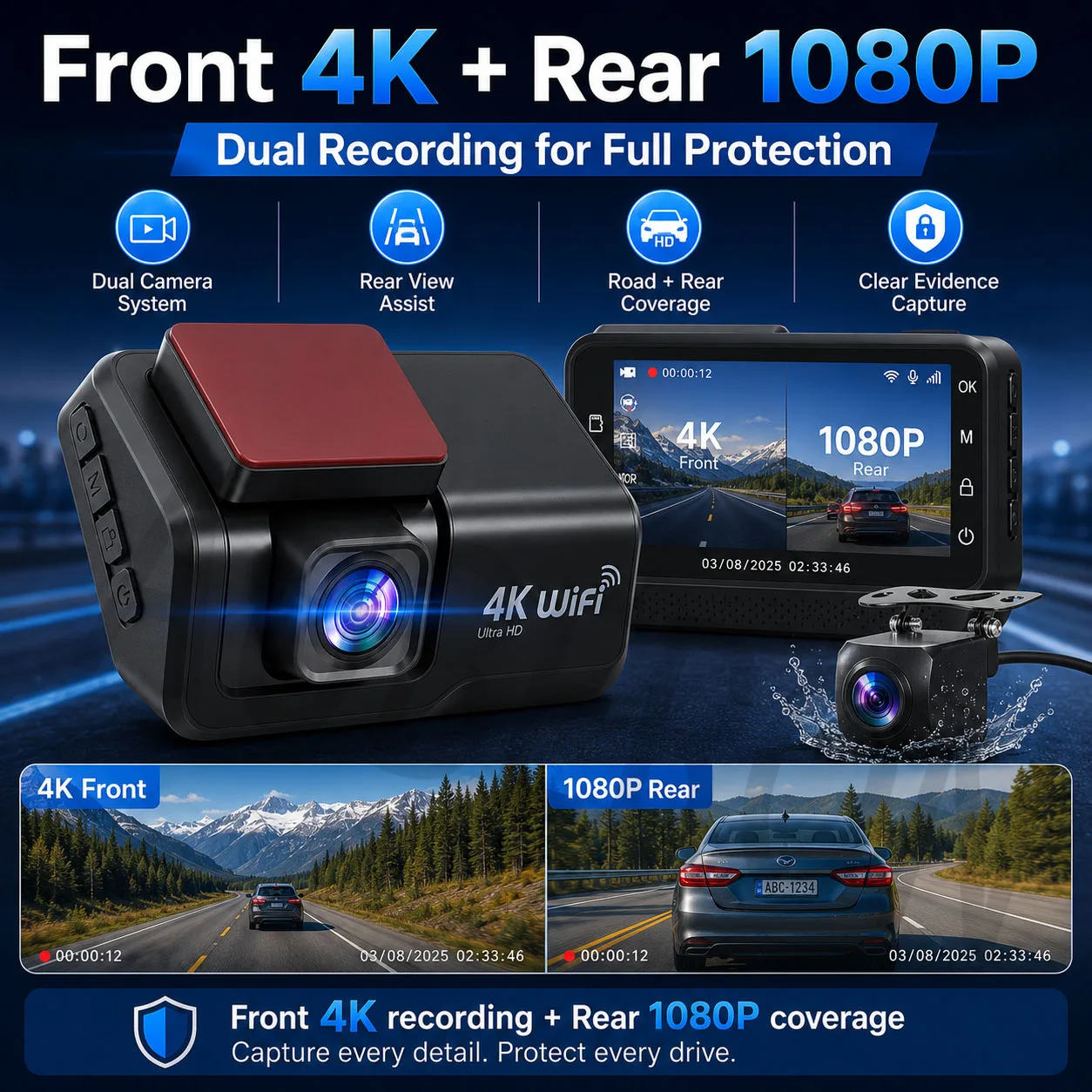 4K UHD Dash Cam WiFi Car Recording DVR Front and Rear Dual Lens Auto Car Camera with Night Vision Rearview Camera Loop Recording