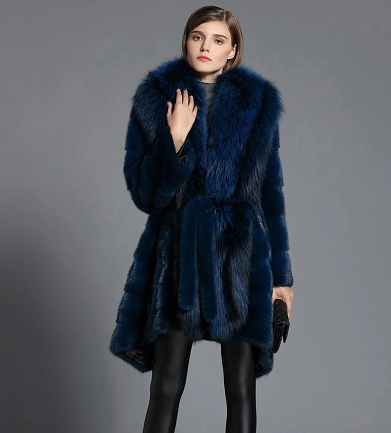 HDHOHR 2025 New Natural Mink Fur Coats Women Real Mink Fur Coat With Big Fox Elegant blue High Quality Female Warm Winter Jacket