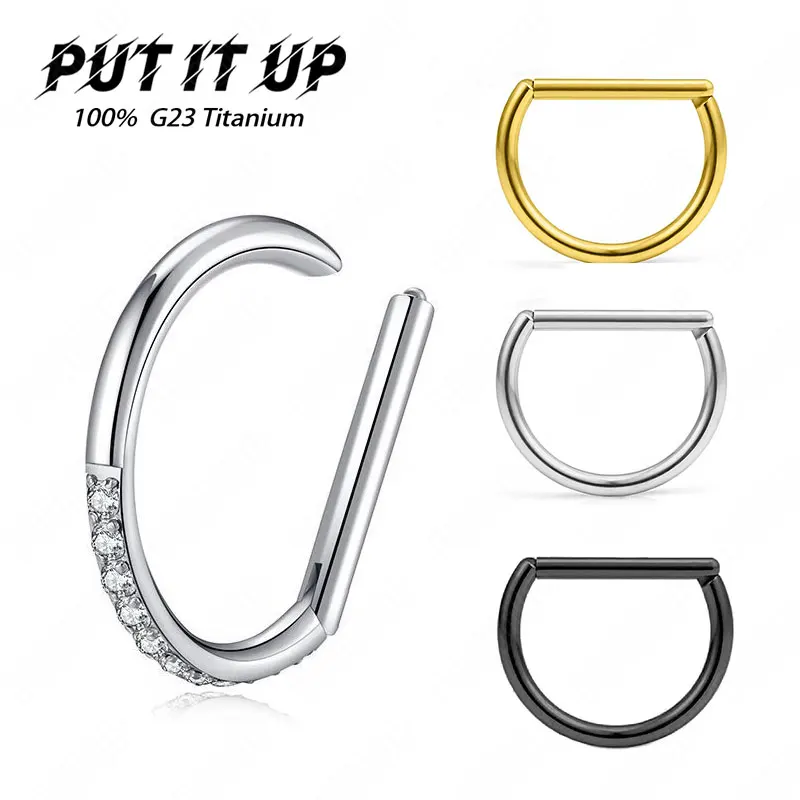 G23 Titanium Piercing Jewelry 16G 8/10/12mm Nose Ring Half Ring CZ Paved D Shape Segment Ring Clicke Cartilage Tragus Helix Lip