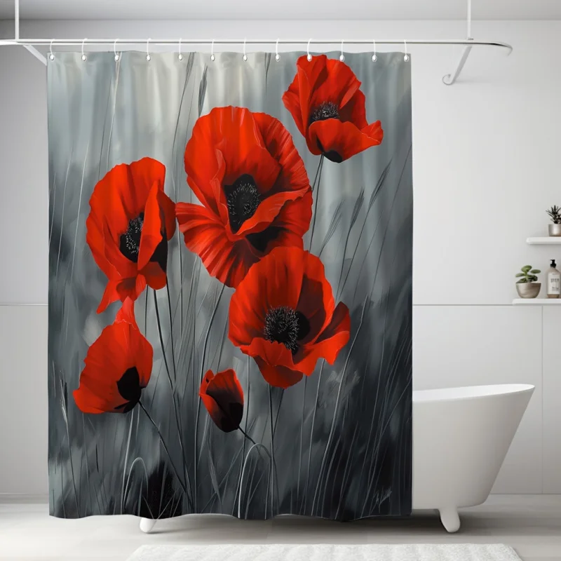 Poppy Flowers Printed Shower Curtain with 12 Hooks - Waterproof, Digitally Printed, 180.34cm x 180.34cm - Perfect for Bathroom D