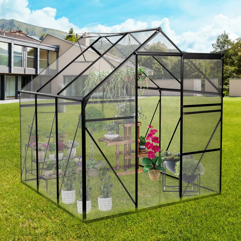 2024 New 6x6ft Black Polycarbonate Greenhouse with Raised Base and Anchor Heavy Duty Aluminum Walk-in Greenhouse for Outdoor